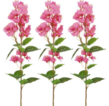 Drie kunstmatige bougainville-takken met roze bloemen en groene bladeren.
