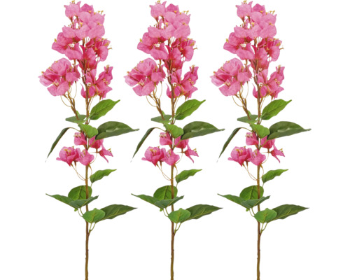 Drie kunstmatige bougainville-takken met roze bloemen en groene bladeren.