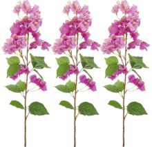 Drie kunstmatige Bougainvillea-takken met roze bloemen en groene bladeren.