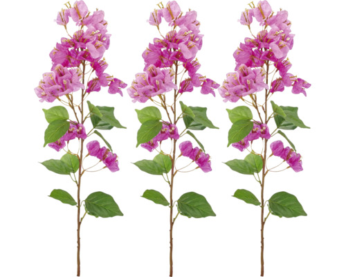 Drie kunstmatige Bougainvillea-takken met roze bloemen en groene bladeren.