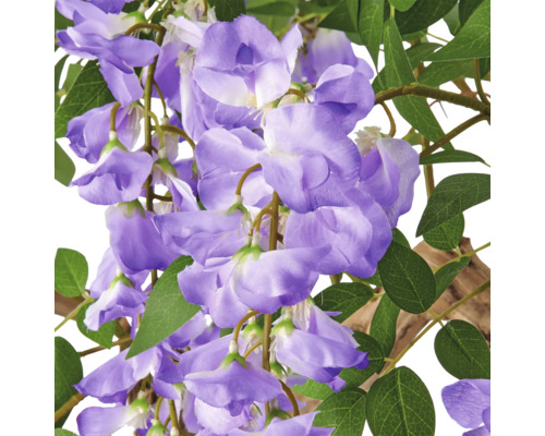 Kunstmatige blauwe regen met paarse textielbloemen en groene bladeren.