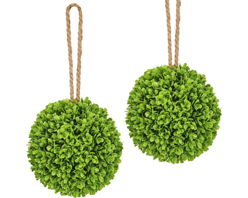 Kunststof buxusbollen om op te hangen met juten touw, groen