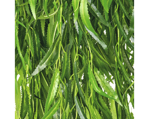 Detailopname van kunstmatige groene wilgenbladeren met gekartelde randen.
