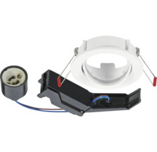 Witte inbouwspotbehuizing inclusief GU10-fitting en aansluitdoos voor plafondmontage.