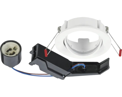 Witte inbouwspotbehuizing inclusief GU10-fitting en aansluitdoos voor plafondmontage.