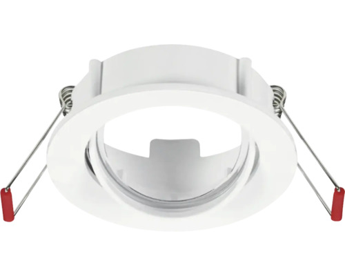 Witte ronde inbouwspotbehuizing met klemveren voor plafondmontage.