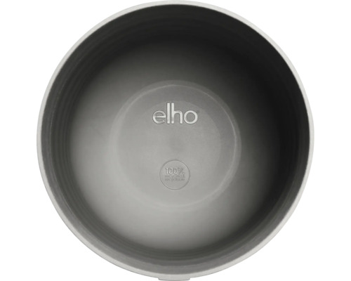Binnenaanzicht van een ronde plantenpot met Elho Logo en het zegel voor 100 procent gerecycled en recyclebaar materiaal.