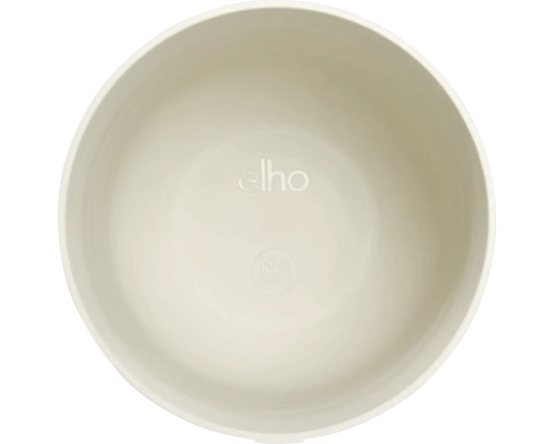 Binnenkant van een ronde kunststof plantenpot met elho Logo en symbool voor 100 procent recyclebaar.
