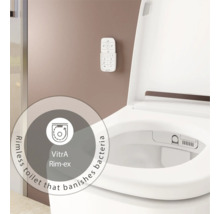 Randloos VitrA Rim-ex toilet met afstandsbediening aan de muur, hygiënisch ontwerp zonder spoelrand ter voorkoming van bacteriën.