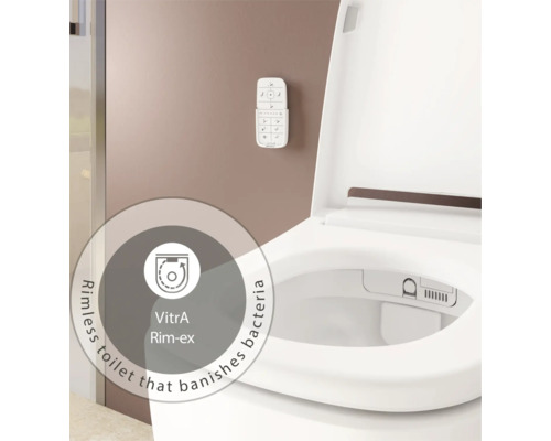 Randloos VitrA Rim-ex toilet met afstandsbediening aan de muur, hygiënisch ontwerp zonder spoelrand ter voorkoming van bacteriën.