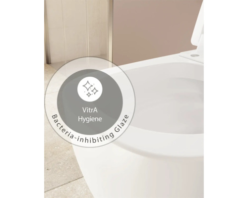 VitrA Hygiene keurmerk voor bacterieremmend glazuur op een toilet.