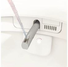Detailweergave van een uitgeschoven douche-wc-sproeier met actieve waterstraal en symbolen voor temperatuurregeling.
