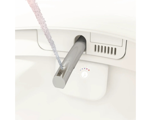 Detailweergave van een uitgeschoven douche-wc-sproeier met actieve waterstraal en symbolen voor temperatuurregeling.