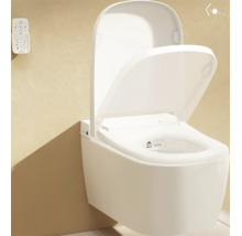 Wandhangend douche-wc van keramiek met geopende deksel en wandbediening in een moderne badkamer.