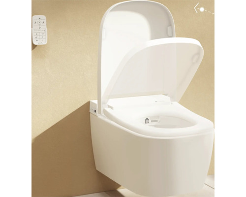 Wandhangend douche-wc van keramiek met geopende deksel en wandbediening in een moderne badkamer.