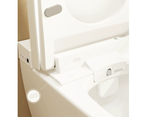 Detailopname van een Vitra V-care douchetoilet met open deksel, geïntegreerde sproeier, bedieningspaneel en gemarkeerde sensor aan de zijkant.