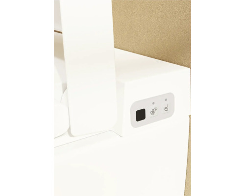 Detailweergave van het zijbedieningspaneel van een douche-wc met symbolen voor ventilatie en reinigingsfuncties.