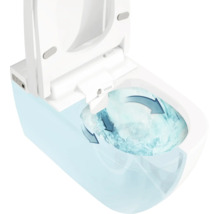 VitrA douche-wc met randloze spoeltechniek. De afbeelding toont de waterstroom in de pot en de geïntegreerde bidetsproeier.