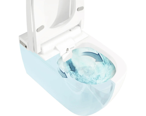VitrA douche-wc met randloze spoeltechniek. De afbeelding toont de waterstroom in de pot en de geïntegreerde bidetsproeier.