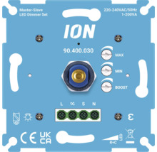 Blauwe ION Master-Slave LED-dimmerset 90.400.030 voor 1 tot 200 Voltampere met regelaars voor maximum, minimum en boost.