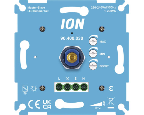 Blauwe ION Master-Slave LED-dimmerset 90.400.030 voor 1 tot 200 Voltampere met regelaars voor maximum, minimum en boost.