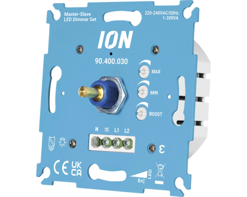 ION Logo. Master-Slave LED dimmer set met draaiknop en instellingen voor minimum, maximum en boost. CE en UKCA gecertificeerd.