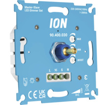 ION Master-Slave LED-dimmerset, model 90.400.030, 220-240 Volt wisselstroom, 1-200 Volt-Ampere, lichtblauwe metalen plaat met draaiknop.