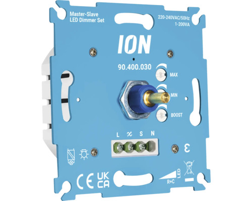 ION Master-Slave LED-dimmerset, model 90.400.030, 220-240 Volt wisselstroom, 1-200 Volt-Ampere, lichtblauwe metalen plaat met draaiknop.