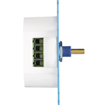 Dimmer-element voor inbouwmontage, zijaanzicht met aansluitklemmen en draaias.