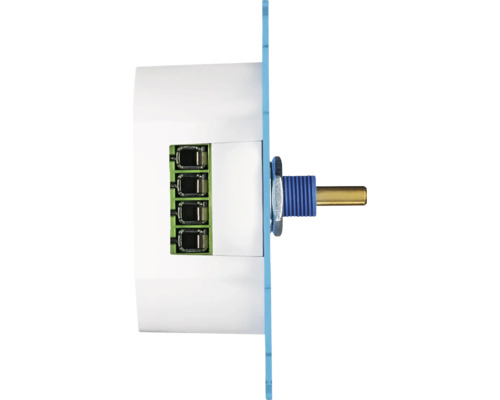 Dimmer-element voor inbouwmontage, zijaanzicht met aansluitklemmen en draaias.
