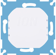 ION Industries montageplaat voor dimmer met wit kunststof inzetstuk, logo en blauw metalen frame.