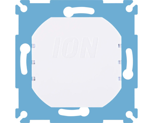 ION Industries montageplaat voor dimmer met wit kunststof inzetstuk, logo en blauw metalen frame.