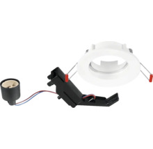 Inbouwspotbehuizing met GU10-fitting, witte inbouwring en zwarte montagebeugel inclusief bedrading.