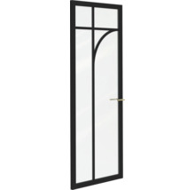 Moderne glazen deur met zwart frame, roedeverdeling met boogdetail en een slanke deurgreep.