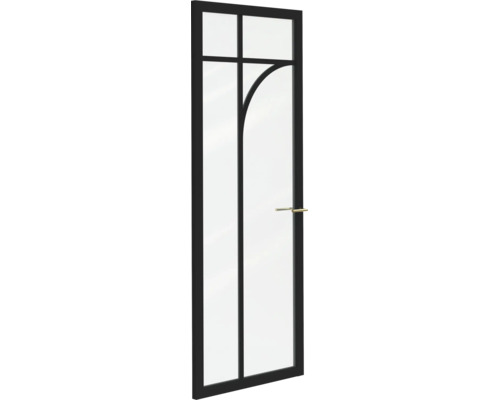 Moderne glazen deur met zwart frame, roedeverdeling met boogdetail en een slanke deurgreep.
