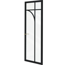Glazen deur met zwart frame en roedes in een modern industrieel ontwerp, inclusief goudkleurige deurklink.