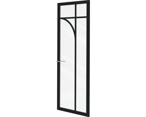 Glazen deur met zwart frame en roedes in een modern industrieel ontwerp, inclusief goudkleurige deurklink.
