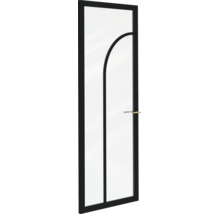 Glazen deur met zwart frame, een gebogen roede en een gouden deurgreep.