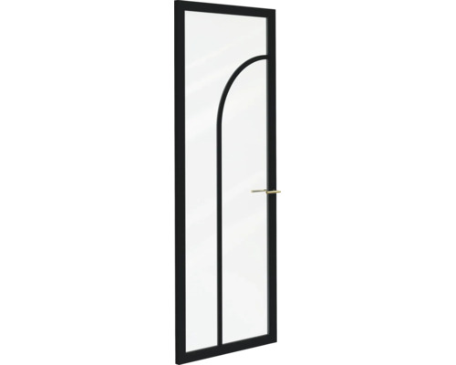 Glazen deur met zwart frame, een gebogen roede en een gouden deurgreep.