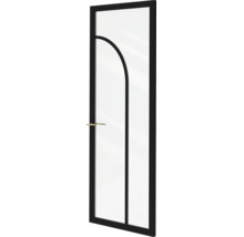 Binnendeur van glas met zwart frame, boogvormig designelement en gouden deurkruk.
