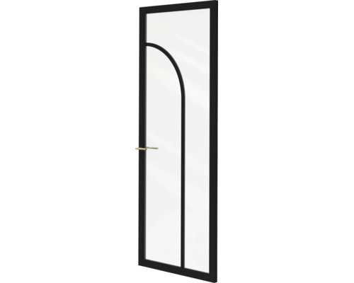 Binnendeur van glas met zwart frame, boogvormig designelement en gouden deurkruk.