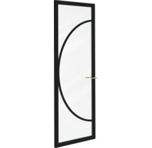 Moderne glazen binnendeur met zwart frame, een boogvormige roede en een goudkleurige klink.