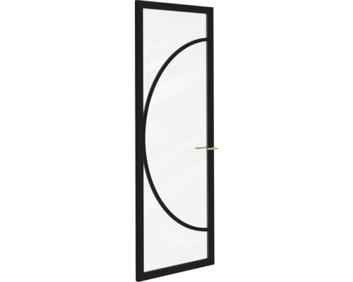 Moderne glazen binnendeur met zwart frame, een boogvormige roede en een goudkleurige klink.