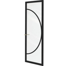 Glazen deur in industriële stijl met zwart frame en decoratieve boog.