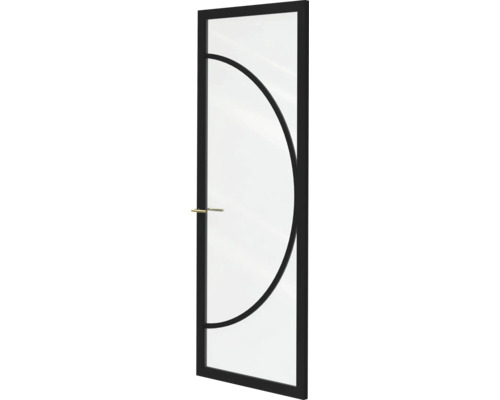 Glazen deur in industriële stijl met zwart frame en decoratieve boog.