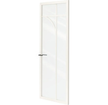 Witte binnendeur met grote glassectie, roedeverdeling, gebogen element en zwart deurbeslag.