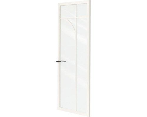 Witte binnendeur met grote glassectie, roedeverdeling, gebogen element en zwart deurbeslag.