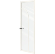 Binnendeur met grote glazen inzet en gebogen ontwerp, wit frame, zwarte deurklink.