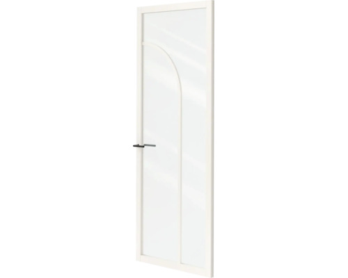 Binnendeur met grote glazen inzet en gebogen ontwerp, wit frame, zwarte deurklink.