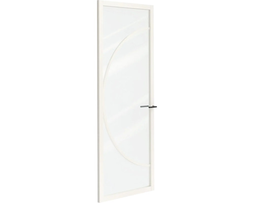 Binnendeur met glasinzet, boogvormig decor en zwarte deurkruk.